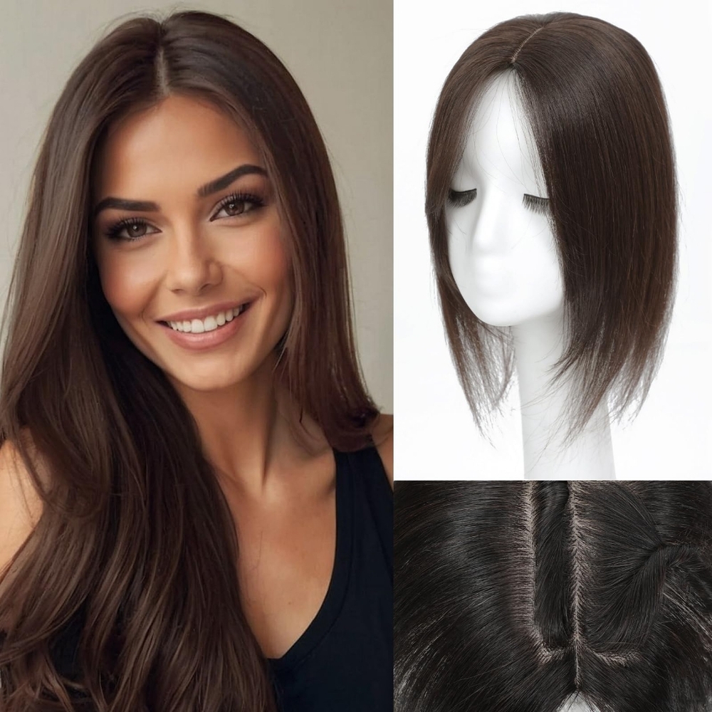 14" Real Human Hair Topper – Dark Brown, 360° Natural Part,‎ Clip-In Volume